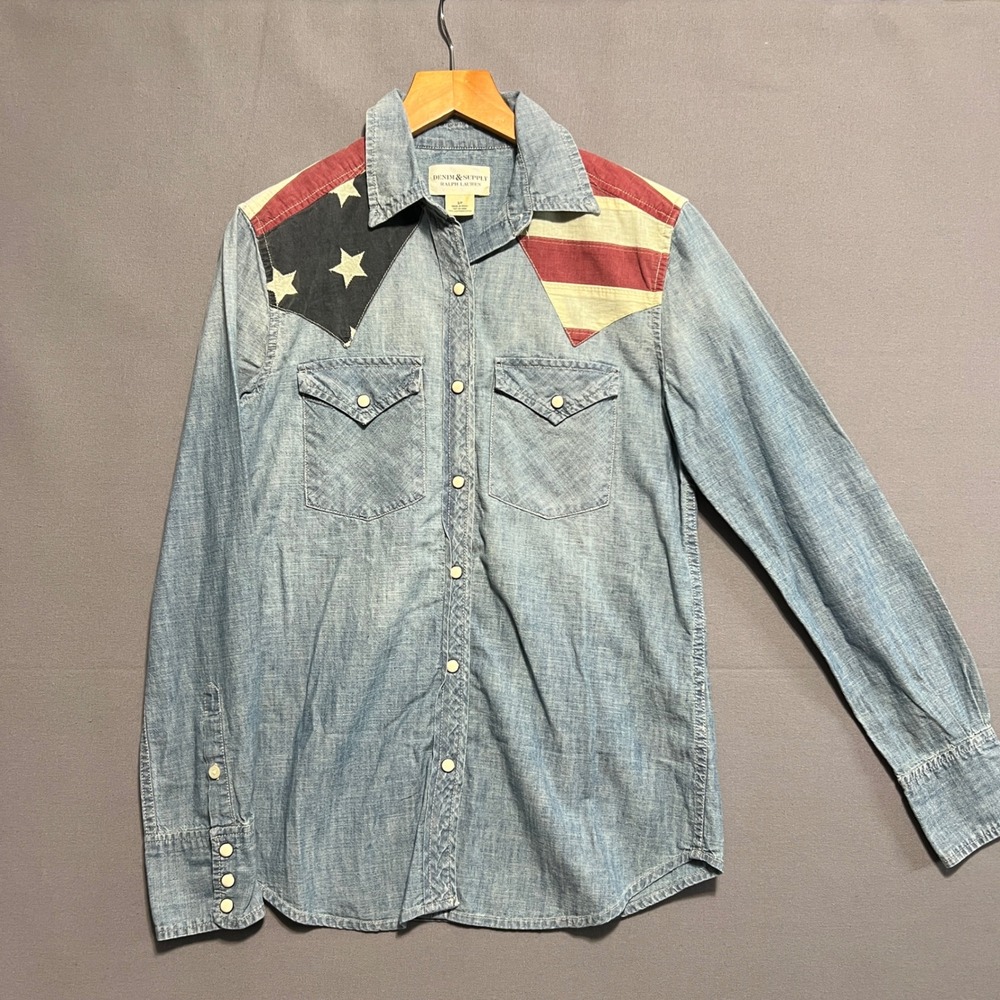 Denim & Supply Ralph Lauren American Flag Western Pearl Snap Shirt Mens Small